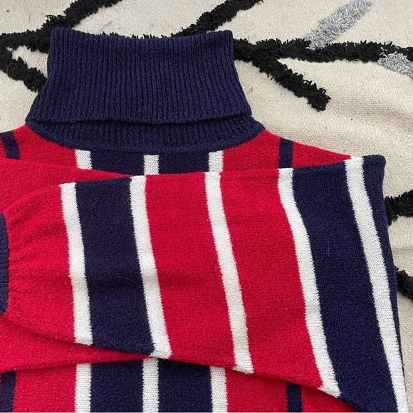 Vintage Sweater Striped Turtleneck Cowl Neck L Red White Blue - Picture 11 of 16